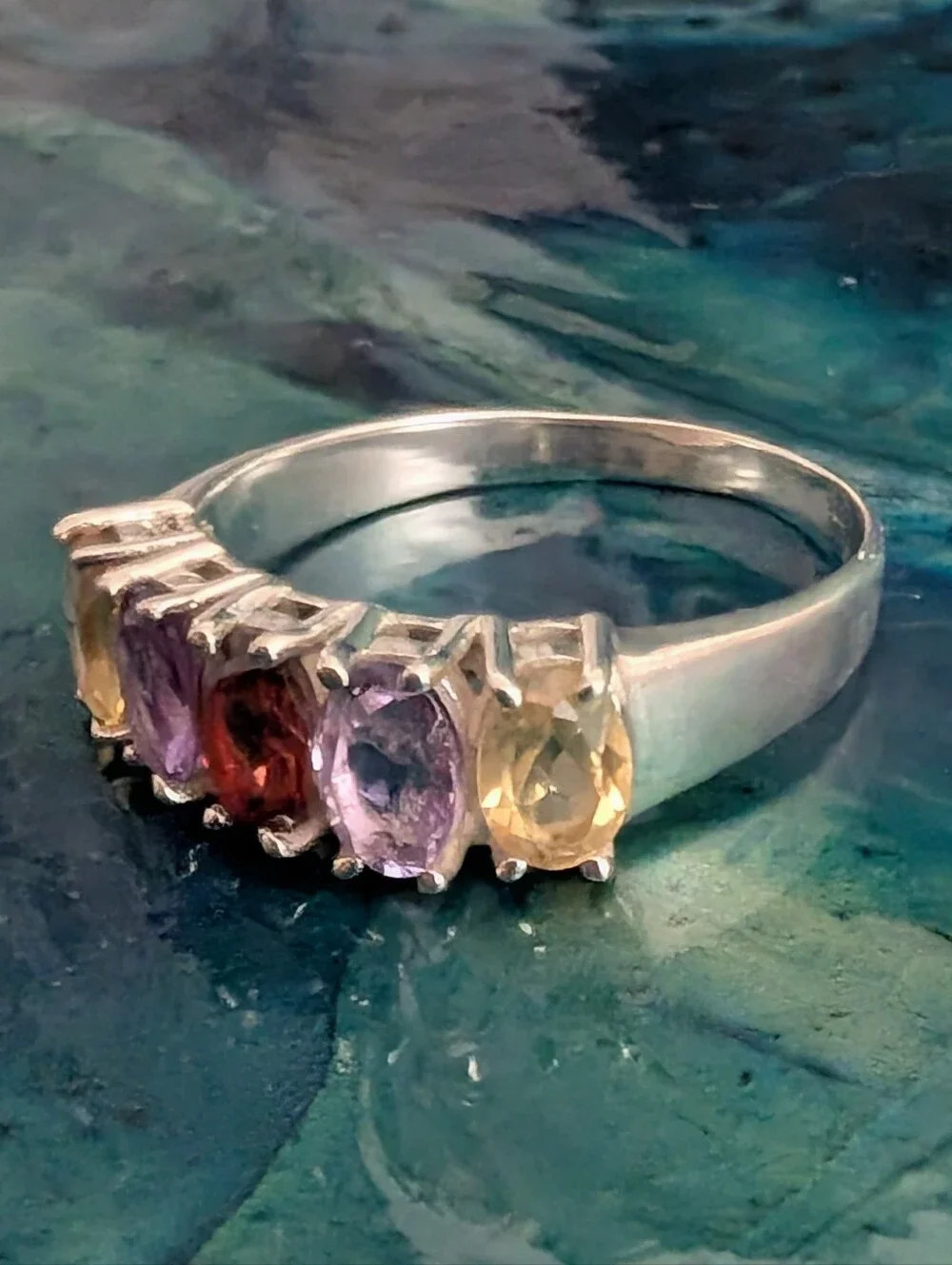 🆕 Multicolor Gemstone Band Ring Genuine Garnet Amethyst Citrine Sterling Silver